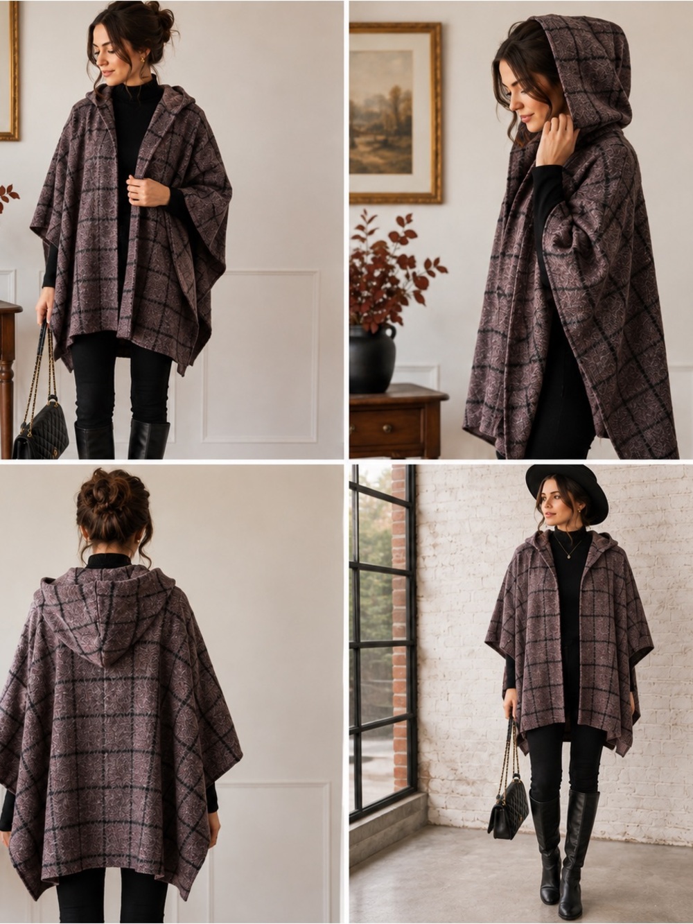 Vintage Coloratura 100% Wool Hooded Plaid Cape Poncho Cloak OS USA